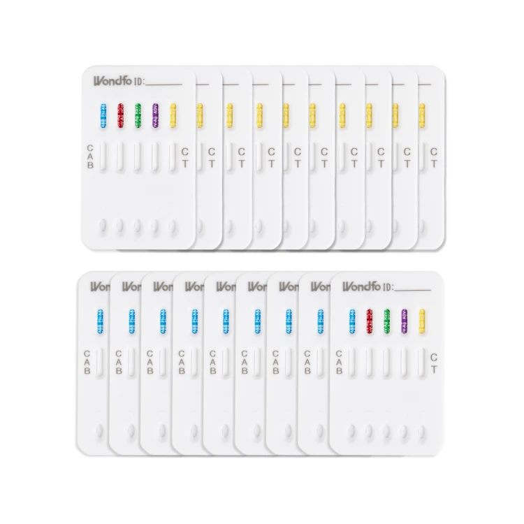 Zestaw 20 kasetek testowych Wondfo do szybkiego testu COMBO 6w1 (Grypa A, Grypa B, COVID-19, RSV, ADV, MP) ułożonych w dwóch rzędach, każda z oznaczeniami C, A, B i T oraz kolorowymi polami.