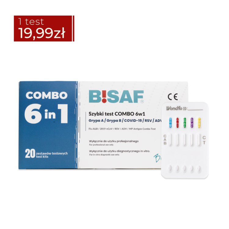 Opakowanie 20 testów COMBO 6w1 BISAF (grypa A/B, COVID-19, RSV, ADV, Mykoplazma) wraz z kasetką testową prezentującą sześć paneli odczytu dla poszczególnych antygenów