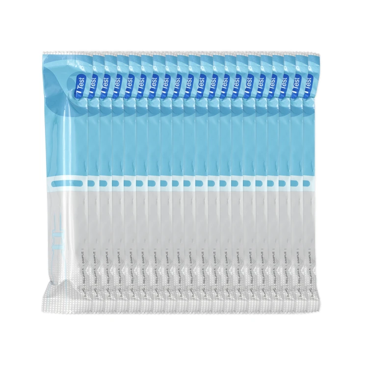 20 foliowych opakowań testów pen COMBO 4w1 ułożonych w jednym rzędzie. Każde opakowanie ma błękitno-białą folię ochronną z widocznym napisem Test w górnej części.
