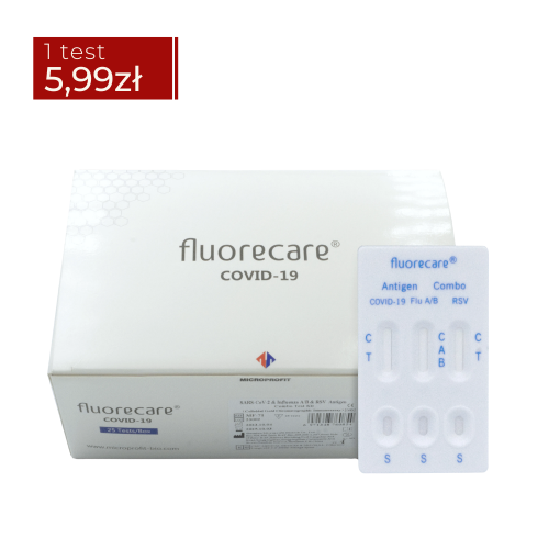 Opakowanie zbiorcze Fluorecare COVID-19 mieszczące 25 testów antygenowych, pokazane z widoczną kasetką testową COVID-19 / grypa A/B / RSV po prawej stronie. W lewym górnym rogu znajduje się czerwona naklejka cenowa z informacją ‘1 test 5,99 zł’.