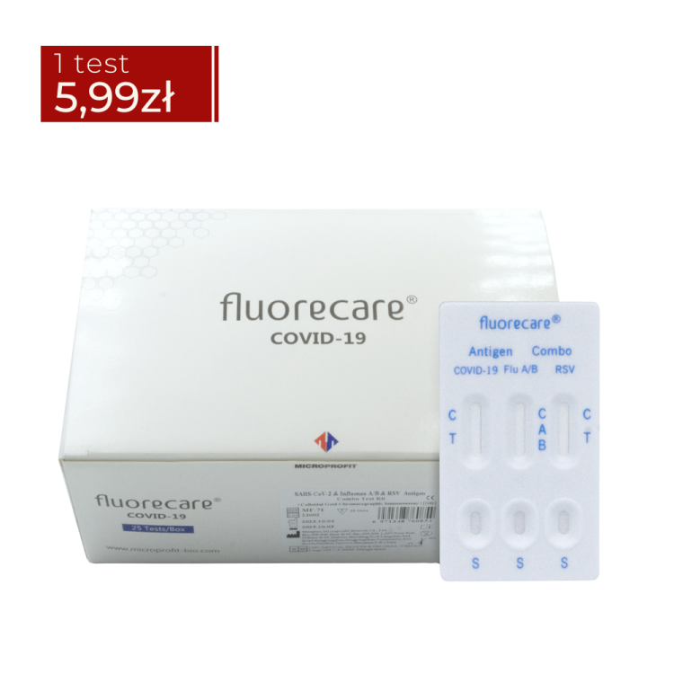 Opakowanie zbiorcze Fluorecare COVID-19 mieszczące 25 testów antygenowych, pokazane z widoczną kasetką testową COVID-19 / grypa A/B / RSV po prawej stronie. W lewym górnym rogu znajduje się czerwona naklejka cenowa z informacją ‘1 test 5,99 zł’.