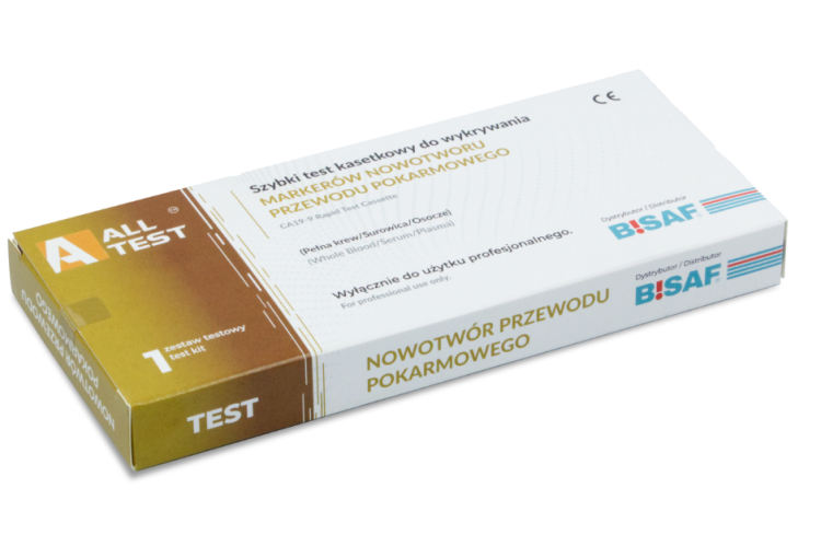Opakowanie testu kasetkowego CA19-9 do wykrywania markerów nowotworu przewodu pokarmowego pokazane na leżąco pod kątem. Pudełko w kolorach białym i złoto-brązowym.