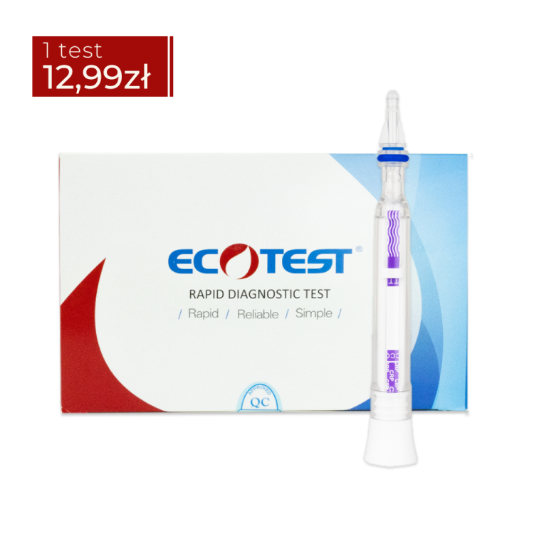 Pojedynczy test CRP w formie pena w formie pena na tle opakowania, w którym znajduje się 15 sztuk. W lewym górnym rogu widoczne bordowe pole z ceną 12,99 zł za 1 test.