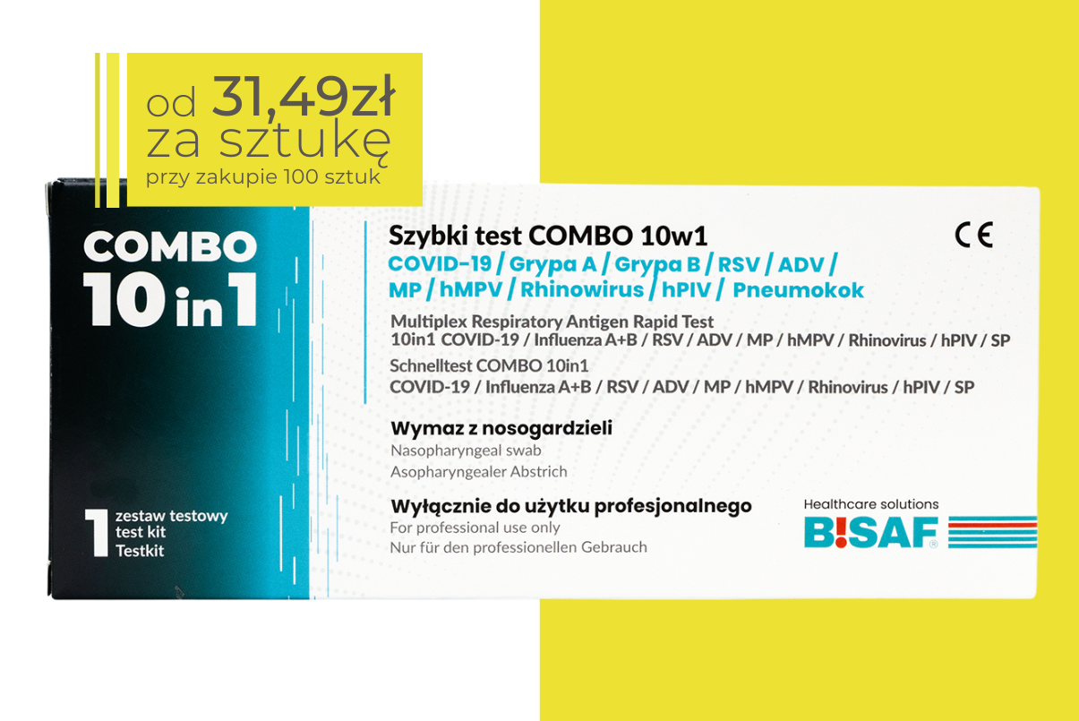 Pojedyncze opakowanie szybkiego testu COMBO 10w1 marki BISAF do diagnostyki infekcji dróg oddechowych, zestaw 1 test, z graficzną informacją o cenie od 31,49 zł za sztukę przy zakupie kartonu