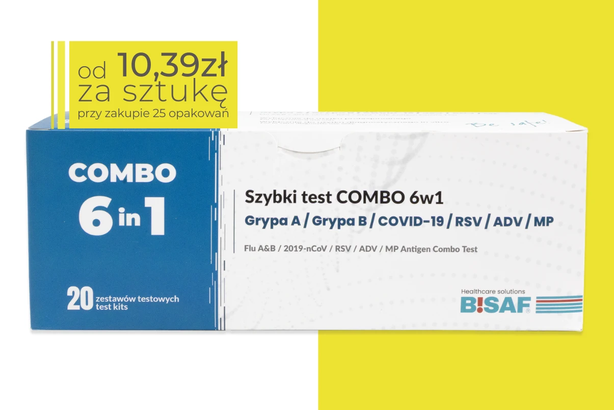 Opakowanie szybkich testów kasetkowych BISAF Combo 6w1. Pudełko zawiera 20 zestawów testowych. W lewym górnym rogu pole z napisem od 10,39zł za sztukę przy zakupie 25 opakowań