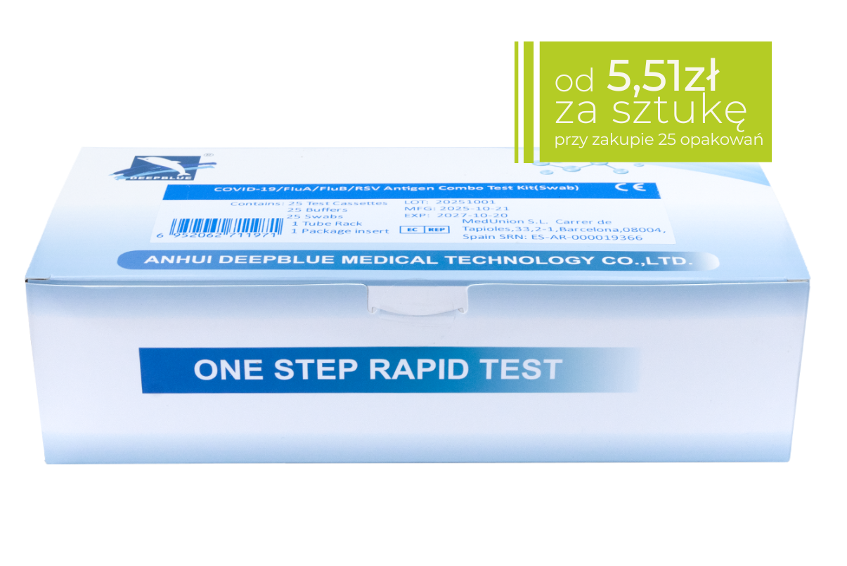 Opakowanie zbiorcze testów combo COVID-19 / grypa A+B / RSV DeepBlue – karton z zestawami testowymi, widoczna informacja o cenie jednostkowej 5,59zł  przy zakupie 25 opakowań