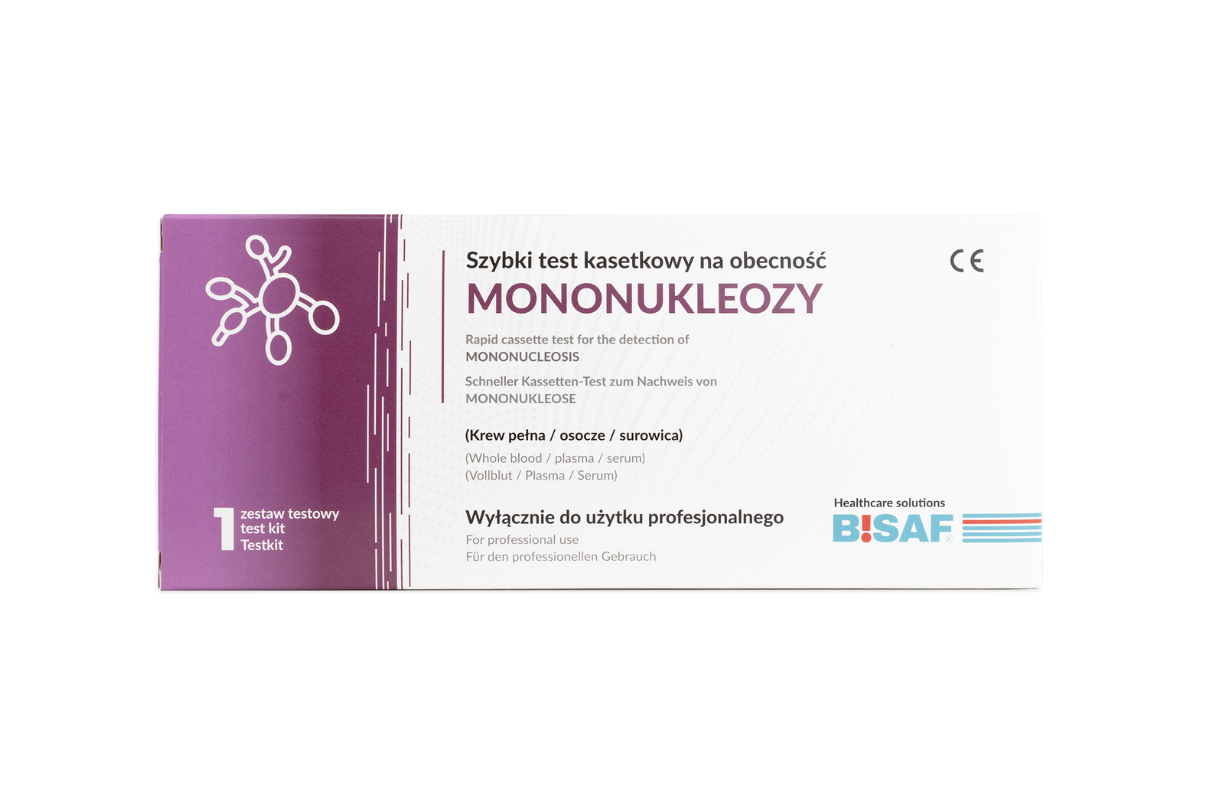 Pudełko szybkiego testu kasetkowego BISAF do wykrywania mononukleozy, w fioletowo-białej kolorystyce, z ikoną wirusa po lewej stronie i informacją o zastosowaniu profesjonalnym.