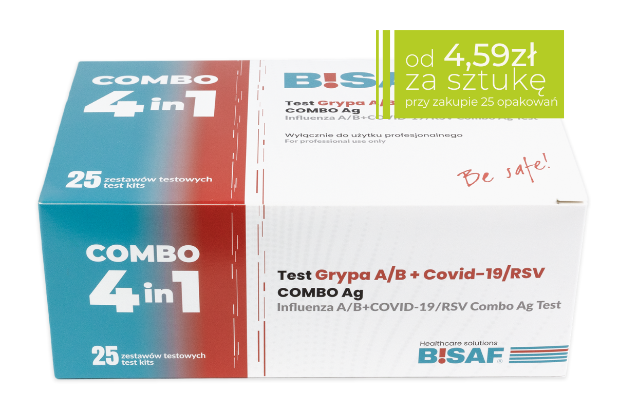Opakowanie szybkich testów BISAF Combo 4w1 (grypa A, grypa B, COVID-19, RSV. Pudełko zawiera 25 zestawów testowych. W górnym rogu pole z informacją o cenie: od 4,59 zł za sztukę przy zakupie 25 opakowań.