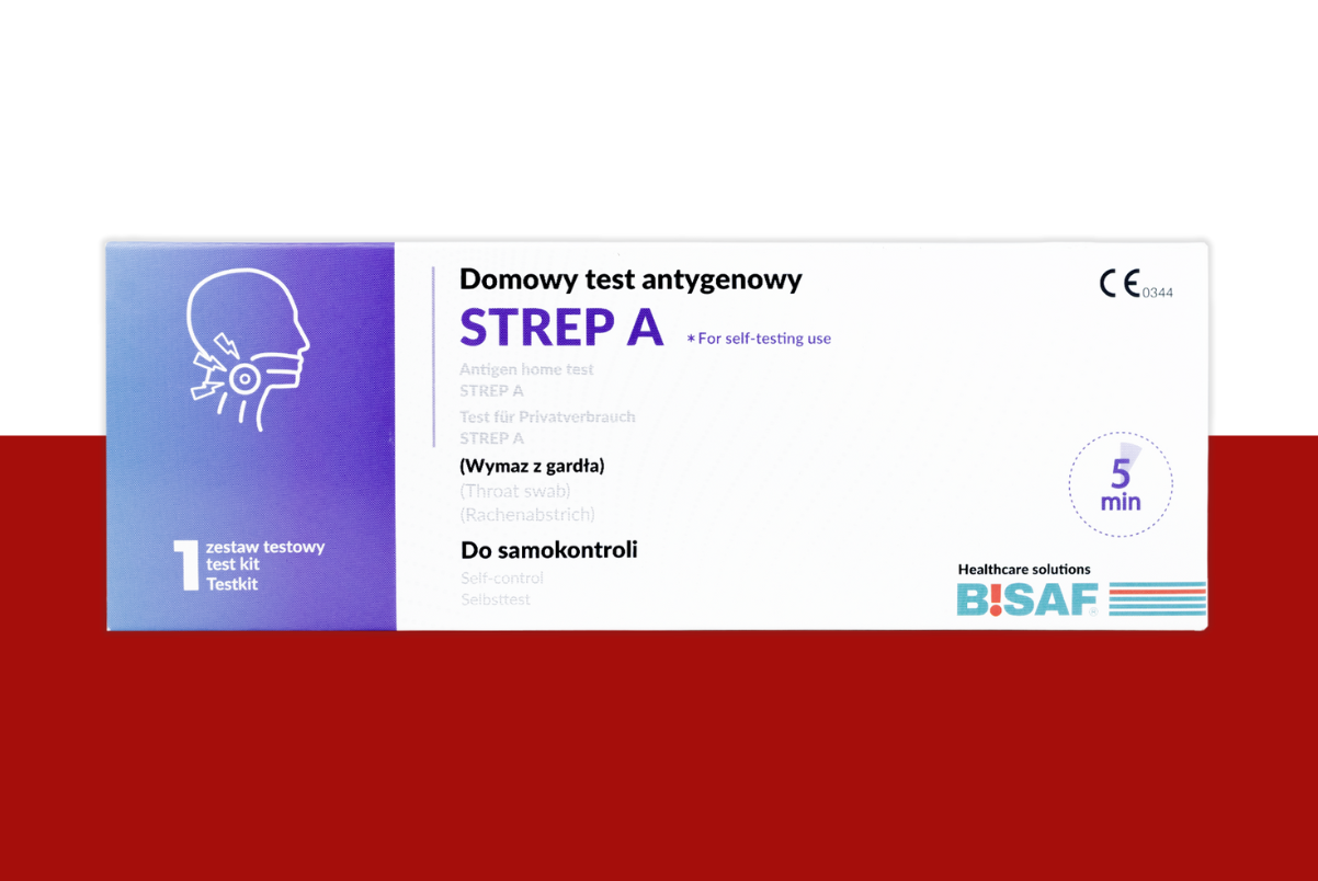 Opakowanie domowego testu antygenowego STREP A marki BISAF w kolorze biało-fioletowym. Po lewej stronie ikona głowy z oznaczeniem gardła. Na opakowaniu widoczny napis: Domowy test antygenowy STREP A, 1 zestaw testowy, wymaz z gardła, do samokontroli. Po prawej stronie oznaczenie 5 minut.