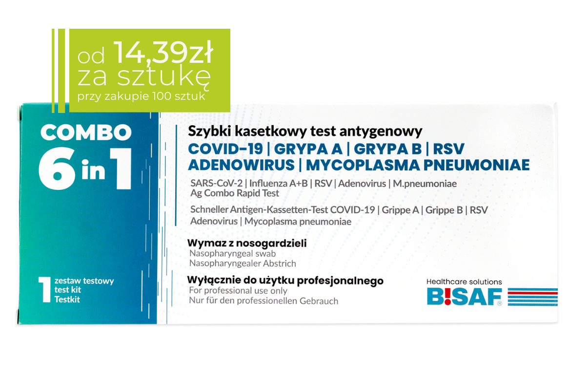 Opakowanie testu antygenowego COMBO 6 in 1 BISAF do wykrywania COVID-19, grypy A i B, RSV, adenowirusa oraz Mycoplasma pneumoniae z widoczną ceną od 14,39 zł za sztukę przy zakupie 100 sztuk