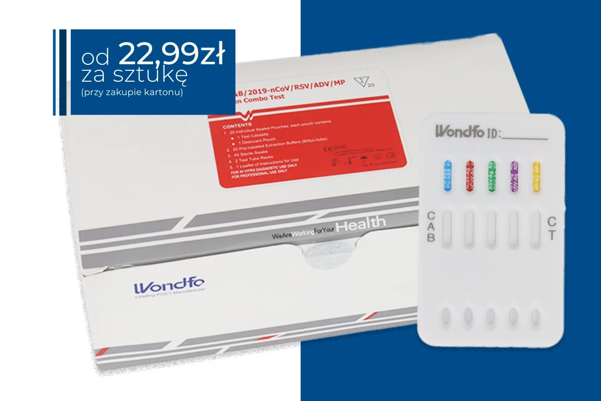 Białe opakowanie testów Wondfo z czerwonym panelem informacyjnym, widoczne w perspektywie ukośnej. Obok opakowania znajduje się biała kasetka testowa z pięcioma kolorowymi oznaczeniami. W górnym lewym rogu granatowe pole z napisem: od 22,99 zł za sztukę (przy zakupie kartonu).