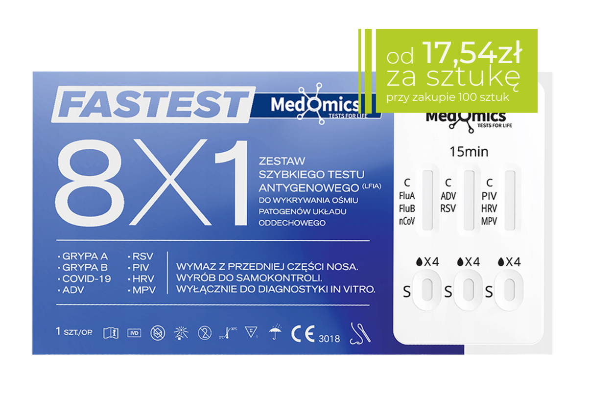 Pojedyncze opakowanie szybkiego testu diagnostycznego COMBO 8w1 marki Medomics test antygenowy do wykrywania COVID-19, grypy A i B, RSV, ADV, PIV, RhV, hMPV  grafika produktowa z informacją o cenie 17,54 przy zakupie 100 sztuk