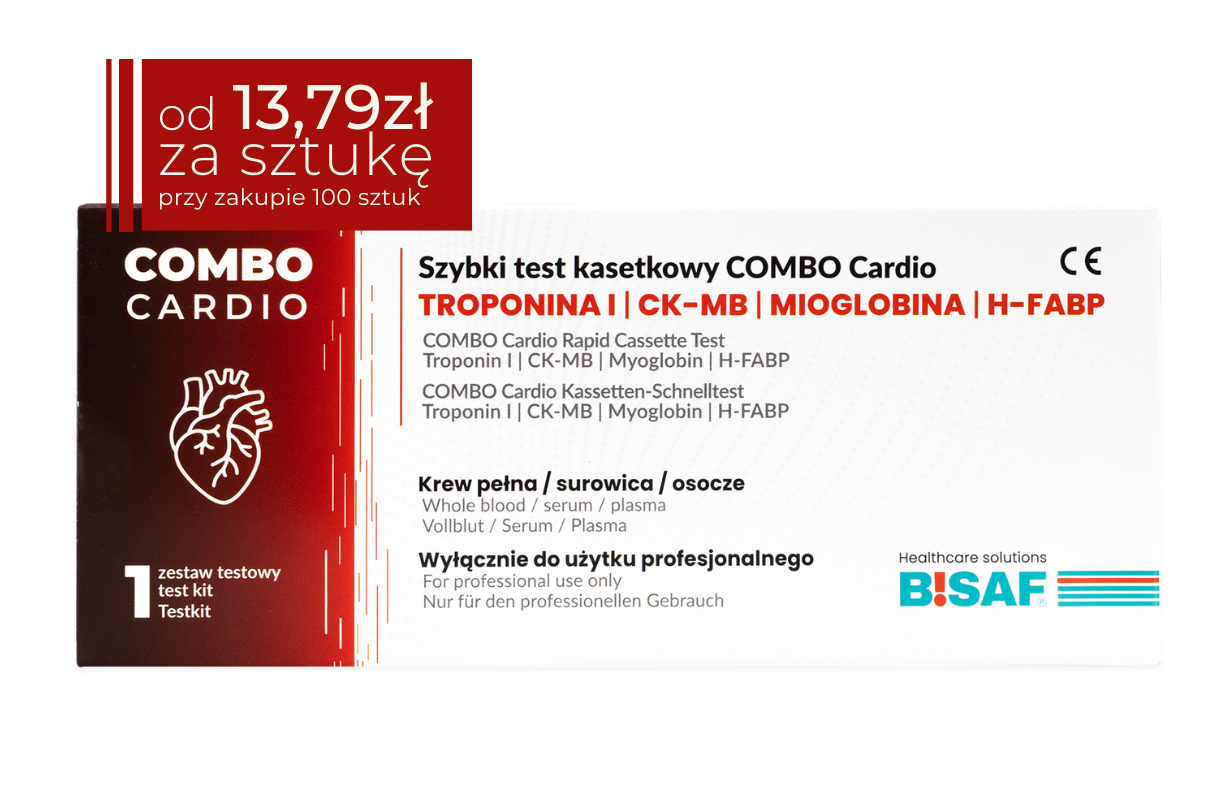 Opakowanie testu diagnostycznego ALLTEST – szybki test kasetkowy combo H-FABP, Mioglobiny, CK-MB i Troponiny I. Pudełko w kolorze białym z czerwonym paskiem po lewej stronie, oznaczeniem 1 zestaw testowy oraz logotypami ALLTEST i BISAF. W prawym górnym rogu czerwone pole z ceną: od 13,79 zł za sztukę przy zakupie 100 sztuk.