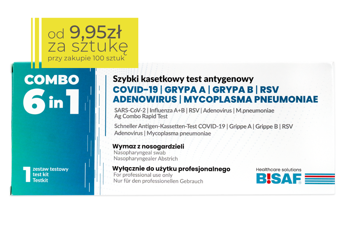 Opakaowanie testu antygenowego COMBO 6 in 1 BISAF do wykrywania COVID-19, grypy A i B, RSV, adenowirusa oraz Mycoplasma pneumoniae z widoczną ceną przy zakupie 100 sztuk