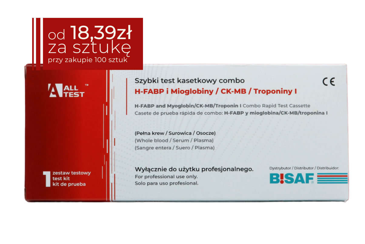Opakowanie testu diagnostycznego ALLTEST – szybki test kasetkowy combo H-FABP, Mioglobiny, CK-MB i Troponiny I. Pudełko w kolorze białym z czerwonym paskiem po lewej stronie, oznaczeniem 1 zestaw testowy oraz logotypami ALLTEST i BISAF. W prawym górnym rogu czerwone pole z ceną: od 18,39 zł za sztukę przy zakupie 100 sztuk.