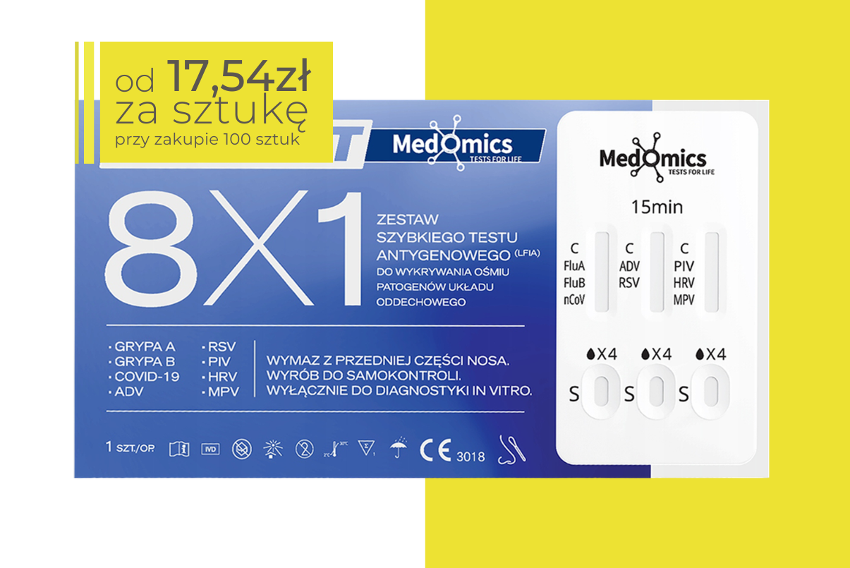 Opakowanie testu medomics 8w1 do samodzielnego wykrywania SARS-CoV-2, grypy A+B, RSV, ADV, PIV, RhV, hMPV. Na górze informacja o cenie: od 17,54 zł za sztukę przy zakupie 100 sztuk.