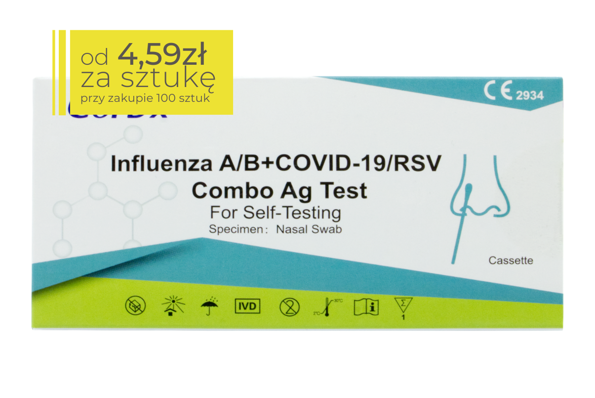 Opakowanie testu CorDx combo 4W1. W górnym rogu pole z napisem: od 4,59  zł za sztukę przy zakupie 100 sztuk