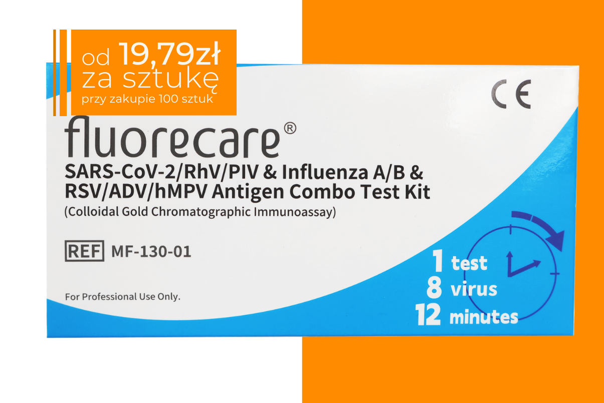Opakowanie testu COMBO 8w1 Fluorecare SARS-CoV-2/RhV/PIV & Influenza A/B & RSV/ADV/hMPV w białoniebieskiej kolorystyce. W górnym rogu pole z ceną 19,89 zł za sztukę przy zakupie 100 sztuk.