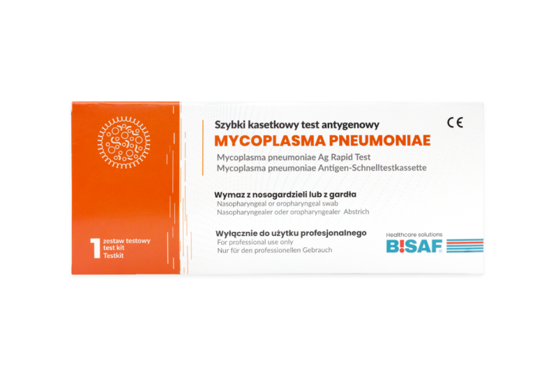 Opakowanie testu kasetkowego AllTest do wykrywania Mycoplasma Pneumoniae, z pomarańczowym panelem i logo BISAF.