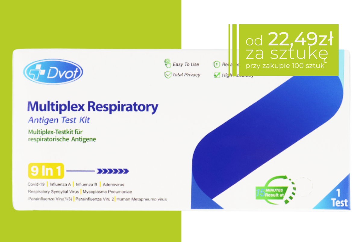 Opakowanie testu Dvot Multiplex Respiratory 9 w 1, białe pudełko z zielono-niebieskimi elementami graficznymi, oznaczenie 9 in 1, w lewym górnym rogu logo Dvot, w prawym górnym zielone pole z ceną od 22,49zł za sztuke przy zakupie 100 sztuk