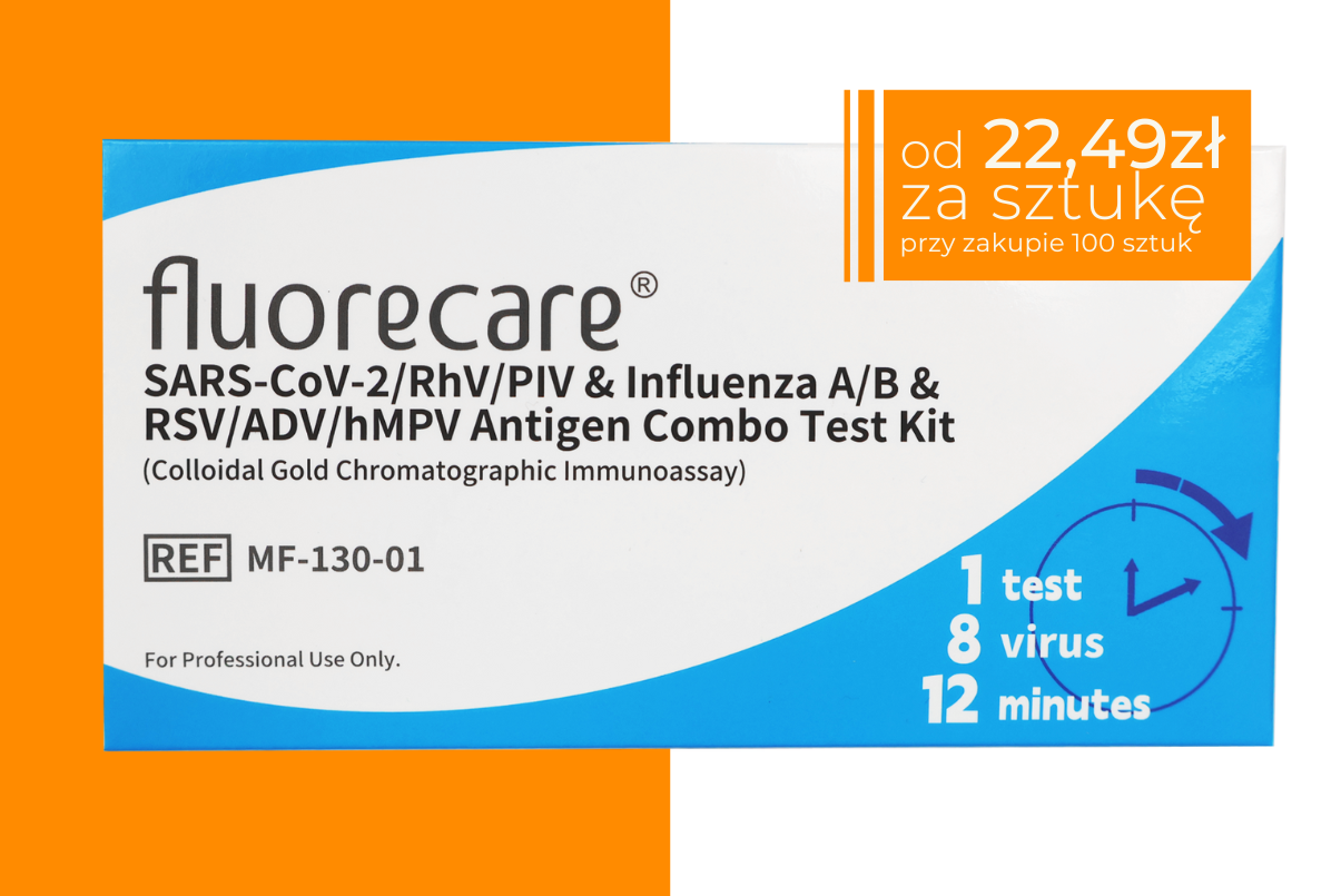 Opakowanie testu Fluorecare SARS-CoV-2/RhV/PIV & Influenza A/B & RSV/ADV/hMPV Antigen Combo Test Kit w białoniebieskiej kolorystyce, z ikoną zegara po prawej stronie informującą o czasie badania 12 minut. W prawym górnym rogu granatowe pole z ceną 22,49 zł za sztukę przy zakupie 100 sztuk.