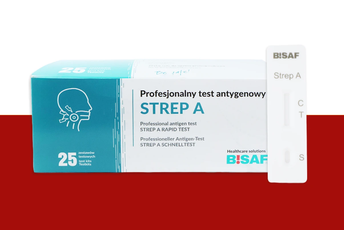Opakowanie zbiorcze zawierające 25 zestawów testowych STREP A marki BISAF. Pudełko biało-turkusowe z ikoną głowy i gardła po lewej stronie. Na opakowaniu widoczny napis: Profesjonalny test antygenowy STREP A, 25 testów. Obok pudełka znajduje się biała kasetka testowa z napisem STREP A i polami odczytu C oraz T.