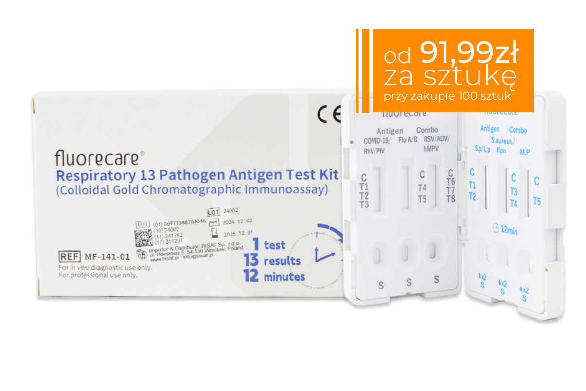 Opakowanie testu Fluorecare 13w1 do wykrywania 13 patogenów oddechowych. Zestaw zawiera białe kasetki testowe ustawione obok pudełka. W górnym prawym rogu pomarańczowa ramka z ceną: od 91,99 zł za sztukę przy zakupie 100sztuk