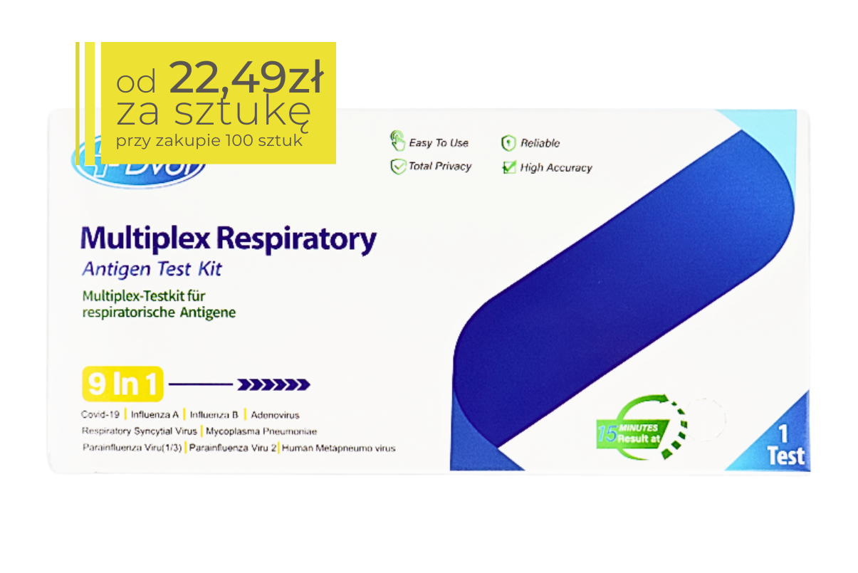 Opakowanie testu Multiplex Respiratory Antigen Test Kit 9w1 do wykrywania antygenów patogenów oddechowych. Białe pudełko z granatowym i niebieskim elementem graficznym oraz napisem 9 in 1. W górnym lewym rogu żółta ramka z ceną: od 22,49 zł za sztukę przy zakupie  100 sztuk