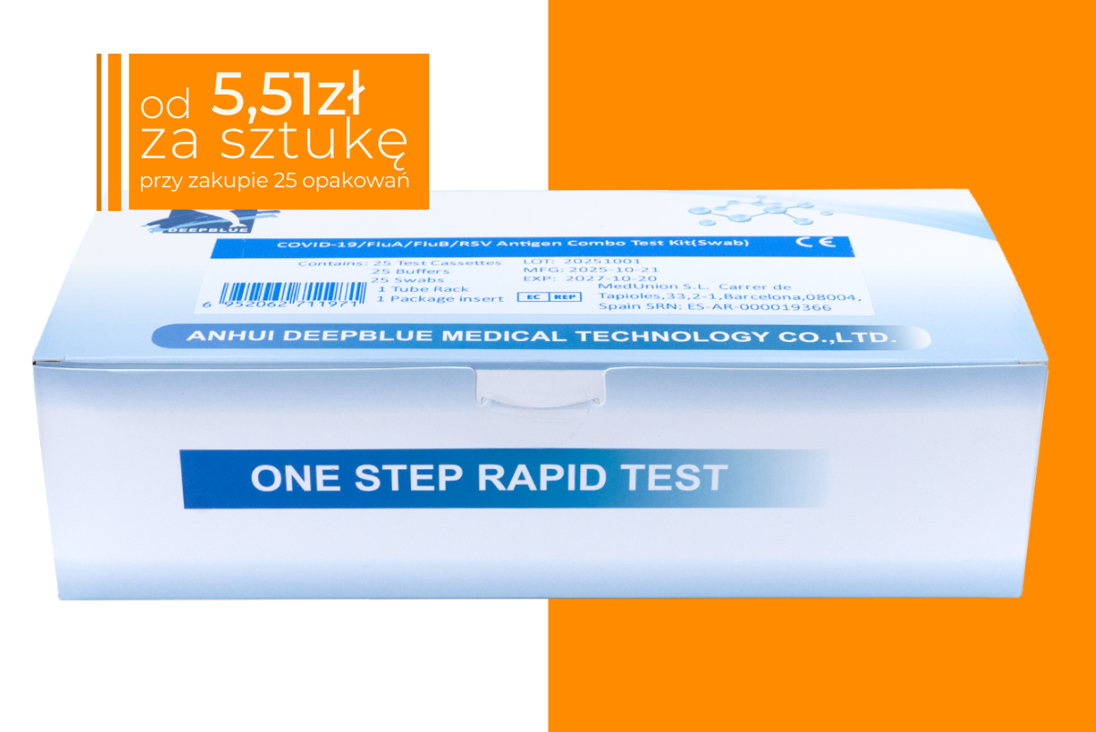 Opakowanie testu COMBO 4w1 DeepBlue (COVID-19 / grypa A+B / RSV), widok z przodu, opakowanie zbiorcze 25 testów, białe pudełko z niebieskimi elementami graficznymi, widoczna naklejka z ceną: od 5,59 zł za sztukę przy zakupie 25 opakowań