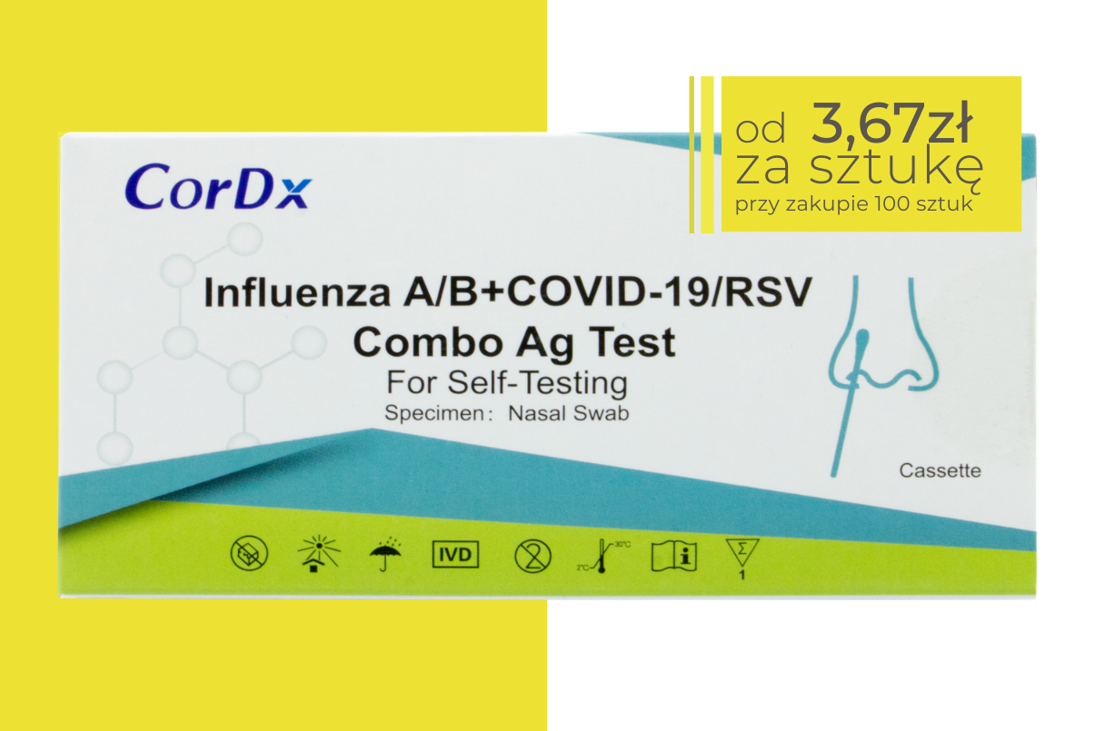 Opakowanie testu CorDx COMBO 4w1 Influenza A/B + COVID-19 + RSV Combo Ag Test marki CorDx, przeznaczonego do samokontroli. W górnym rogu pole z napisem: od 3,67 zł za sztukę przy zakupie 100 sztuk.