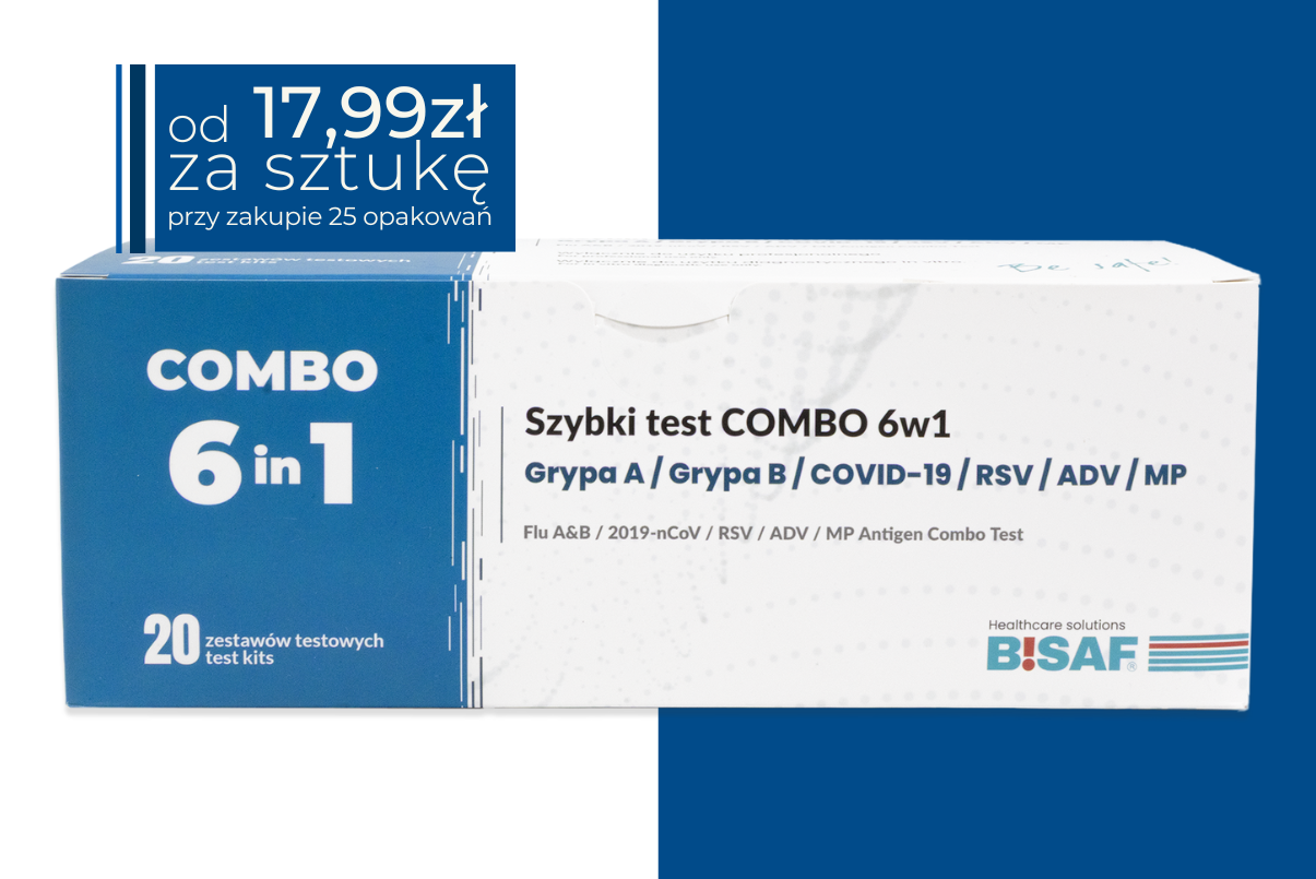 Opakowanie szybkich testów kasetkowych BISAF Combo 6w1 (grypa A, grypa B, COVID-19, RSV, adenowirus, Mycoplasma pneumoniae). Pudełko zawiera 20 zestawów testowych. W lewym górnym rogu granatowe pole z napisem o cenie: od 17,99zł za sztukę przy zakupie 25 opakowań