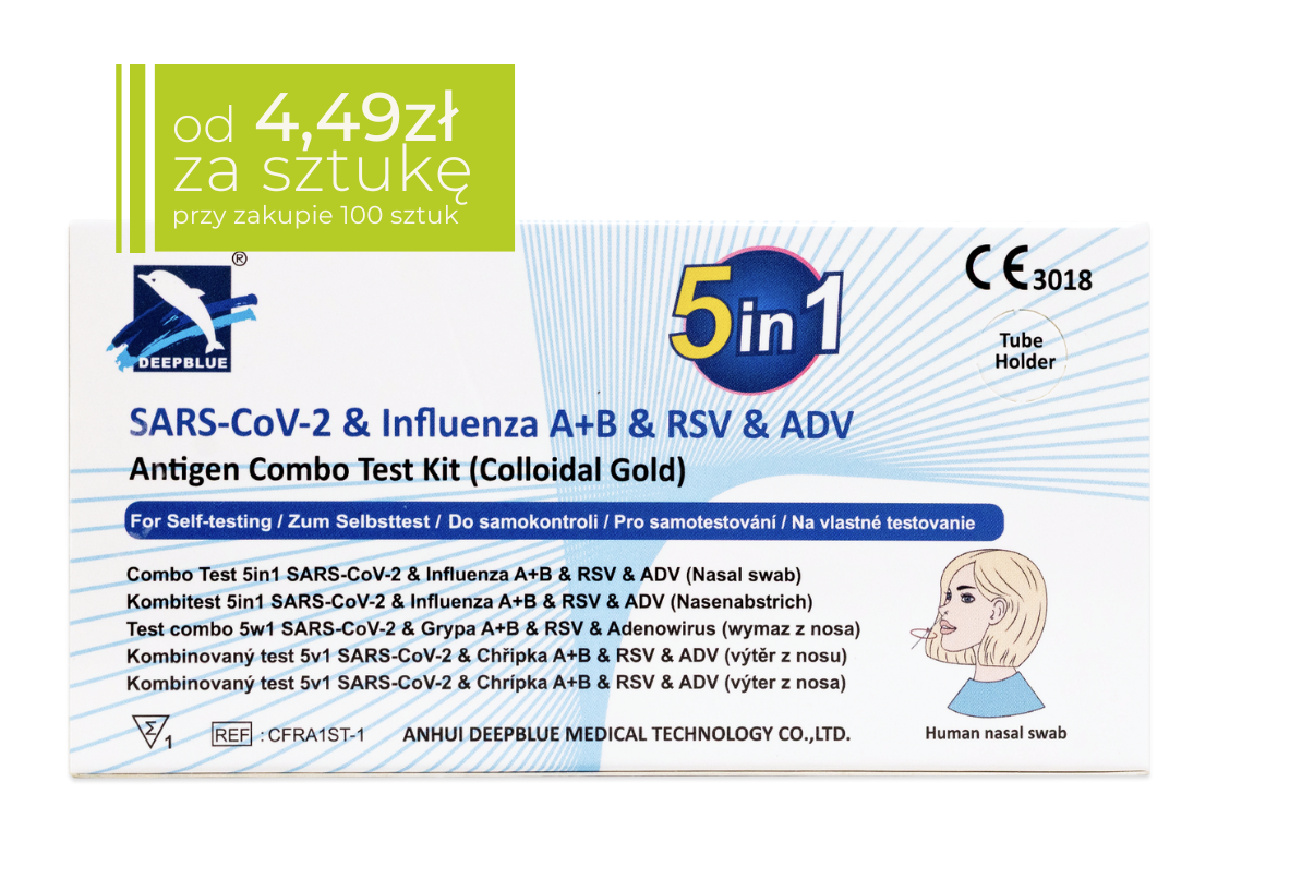Opakowanie testu DEEPBLUE 5w1. Na górze informacja o cenie: od 4,49 zł za sztukę przy zakupie 100 sztuk.