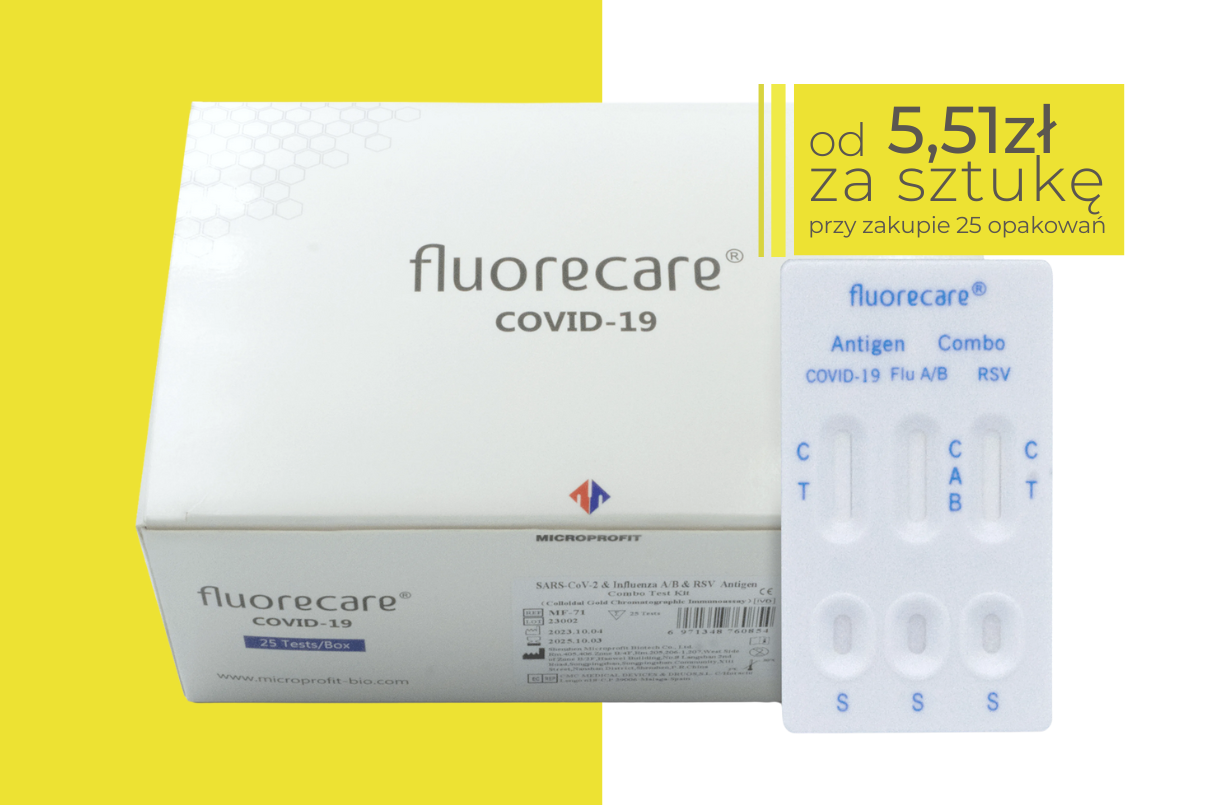 Opakowanie testu Fluorecare COVID-19 w kolorze biało-szarym z widoczną kasetką testową obok. Na kasetce oznaczenia dla COVID-19, Flu A/B i RSV. W lewym górnym rogu żółte pole z napisem: od 5,51 zł za sztukę (przy zakupie 25 opakowań).