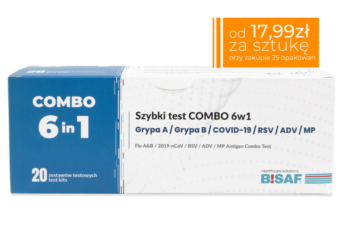 Opakowanie szybkich testów BISAF Combo 6w1 (grypa A, grypa B, COVID-19, RSV, adenowirus, Mycoplasma pneumoniae). Pudełko zawiera 20 zestawów testowych. W prawym górnym rogu pomarańczowe pole z informacją o cenie: od 17,99 zł za sztukę przy zakupie 25 opakowan.