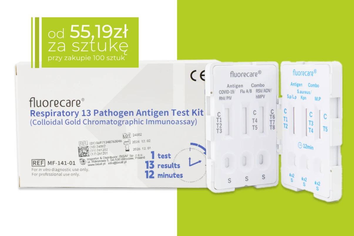 Opakowanie testu Fluorecare 13w1 do wykrywania 13 patogenów oddechowych. Zestaw zawiera białe kasetki testowe ustawione obok pudełka. W górnym prawym rogu zielona ramka z ceną: od 91,99 zł za sztukę przy zakupie 100sztuk