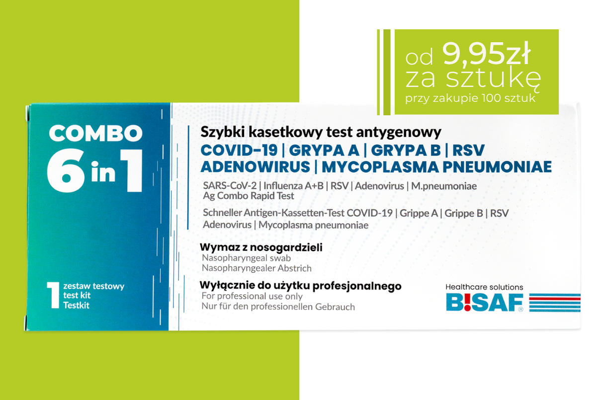 Pojedynczy szybki test kasetkowy 6w1 BISAF na COVID-19, grypę A+B, RSV, adenowirusa i M. pneumoniae, przedstawiony na tle opakowania. W górnym rogu widoczne pole z informacją o cenie od 14,39 zł za sztukę przy zakupie 100 sztuk