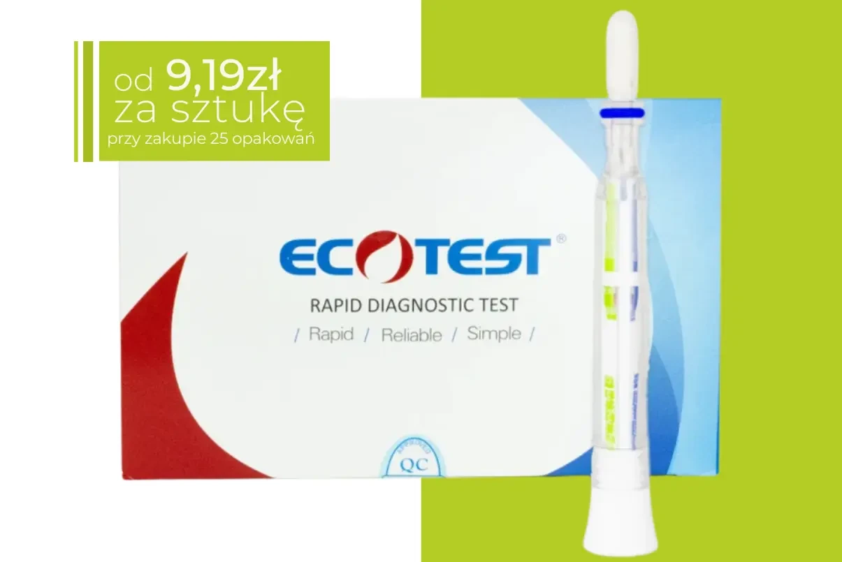 Opakowanie zbiorcze testów 4w1 z widocznym penowym testem ślinowym po prawej stronie; w  górnym rogu  naklejka cenowa z napisem „od 9,19 zł za sztukę (przy zakupie 25 opakowan)”