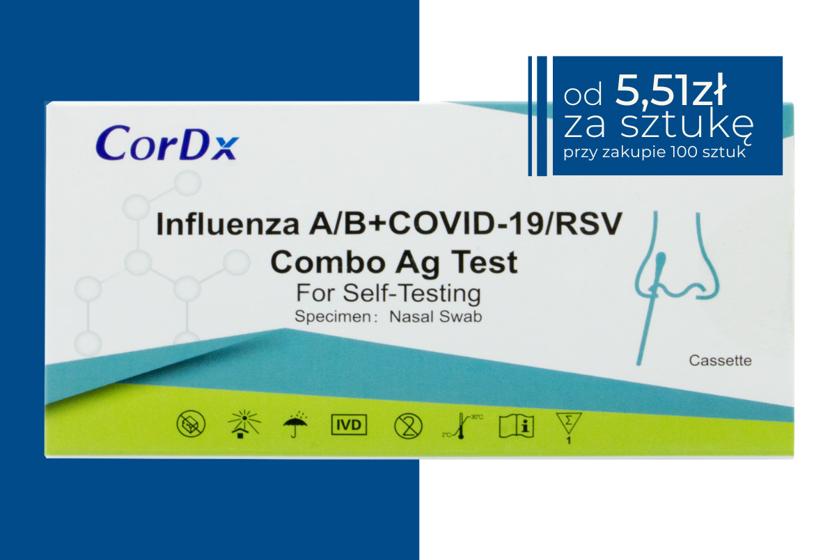 Białe opakowanie testu Influenza A/B + COVID-19 + RSV Combo Ag Test marki CorDx, przeznaczonego do samokontroli z wymazu z nosa. Po prawej stronie widoczna niebieska grafika profilu nosa. W prawym górnym rogu zielone pole z napisem: od 5,51 zł za sztukę przy zakupie 100 sztuk.