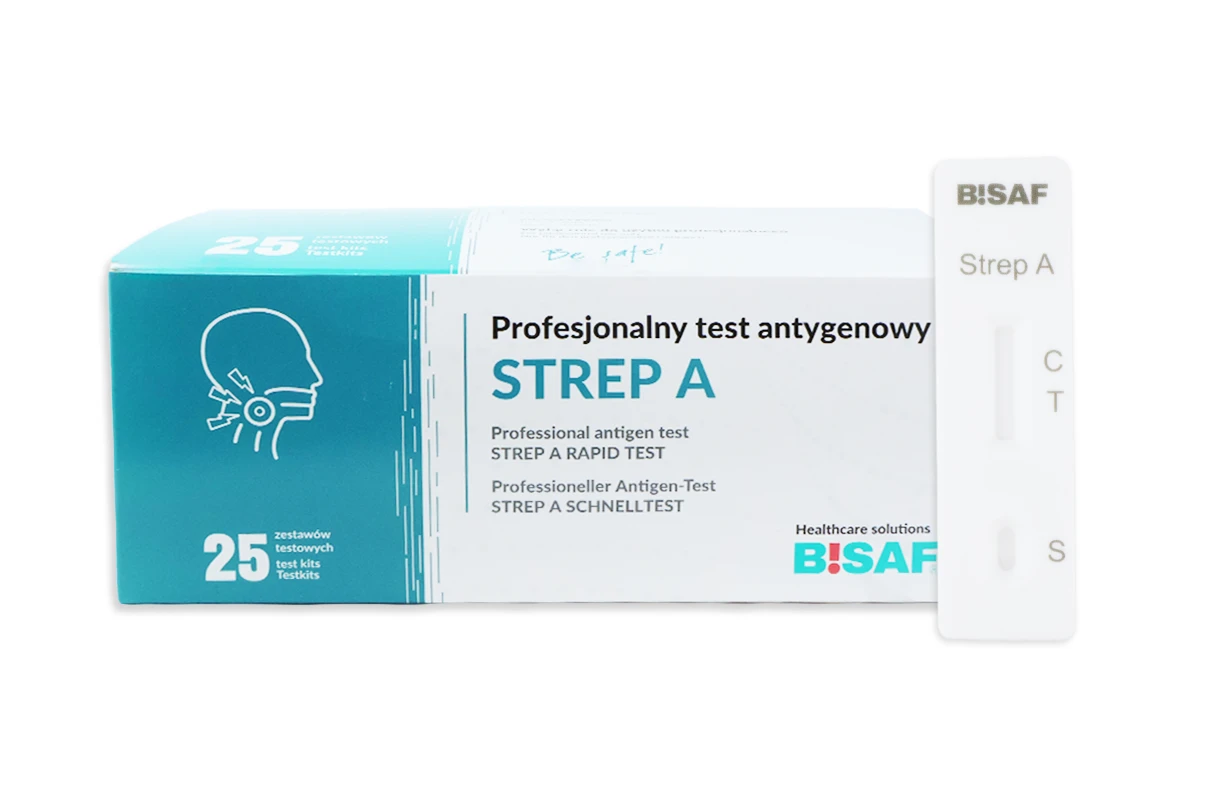 Opakowanie zbiorcze zawierające 25 zestawów testowych. Profesjonalny test antygenowy BISAF STREP A. Prostokątne pudełko w kolorze białym i turkusowym z ikoną głowy i gardła po lewej stronie oraz widocznym logo BISAF. Obok opakowania znajduje się biała kasetka testowa z oznaczeniami C, T i napisem Strep A.