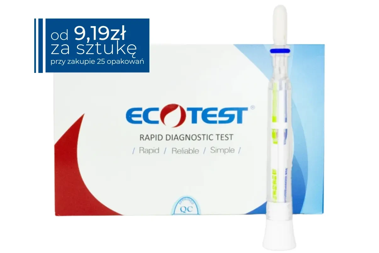 Opakowanie zbiorcze z testami 4w1 wraz z widocznym penowym testem ślinowym, nw tle prostokątna naklejka cenowa z napisem „od 9,19 zł za sztukę (przy zakupie 25 opakowan)”