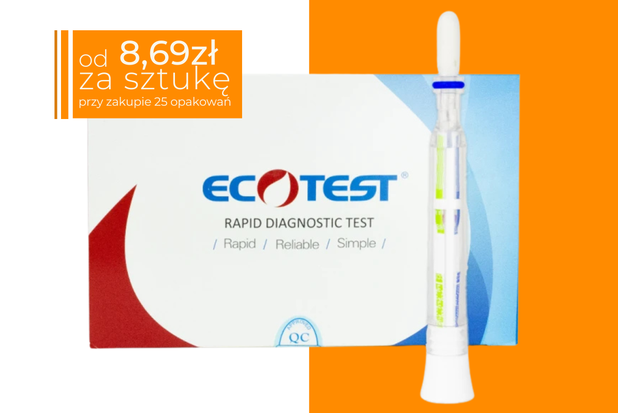 Opakowanie zbiorcze testów Ecotest z widocznym penowym testem ślinowym po prawej stronie; w lewym górnym rogu pomarańczowa naklejka cenowa z napisem „od 8,69 zł za sztukę (przy zakupie 25 opakowan)”, tło w odcieniu pomarańczowym.