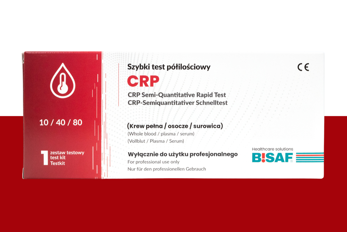 Opakowanie szybkiego testu półilościowego CRP TestyCombo – 1 zestaw testowy, zakres 10 / 40 / 80, do użytku profesjonalnego, widoczne oznaczenie CE.