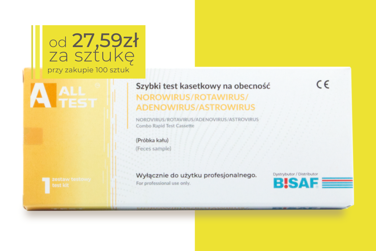Opakowanie testu kasetkowego AllTest na obecność norowirusa, rotawirusa, adenowirusa i astrowirusa, białe pudełko z żółtymi elementami graficznymi, w lewym górnym rogu zielone pole z ceną 27,59zł przy zakupie  100 sztuk, w prawym dolnym logo BISAF