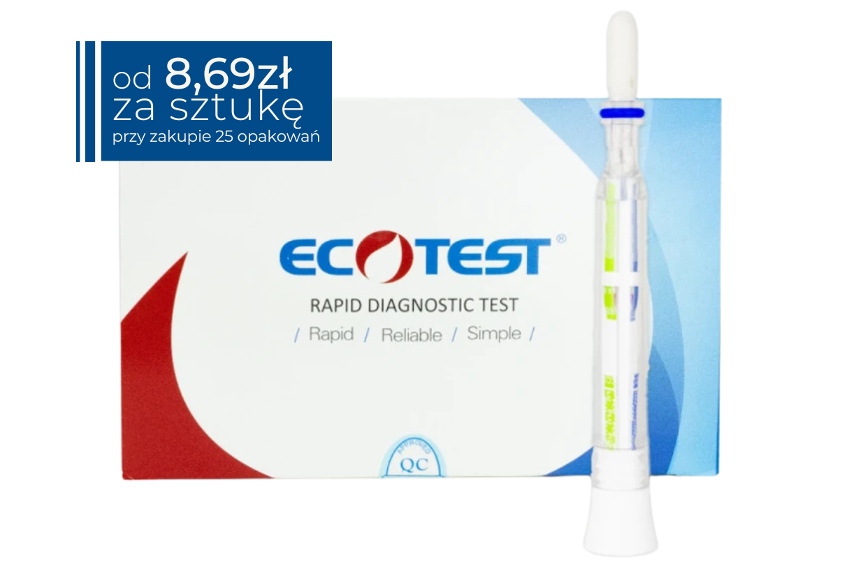 Opakowanie zbiorcze z testami Ecotest wraz z widocznym penowym testem ślinowym, na tle prostokątna granatowa naklejka cenowa z napisem „od 8,69 zł za sztukę (przy zakupie 25 opakowan)”