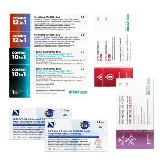 Różne warianty testów COMBO BISAF (10w1, 12w1) oraz testów CRP i Mononukleozy, prezentujące szeroką ofertę diagnostyczną w pakietach.