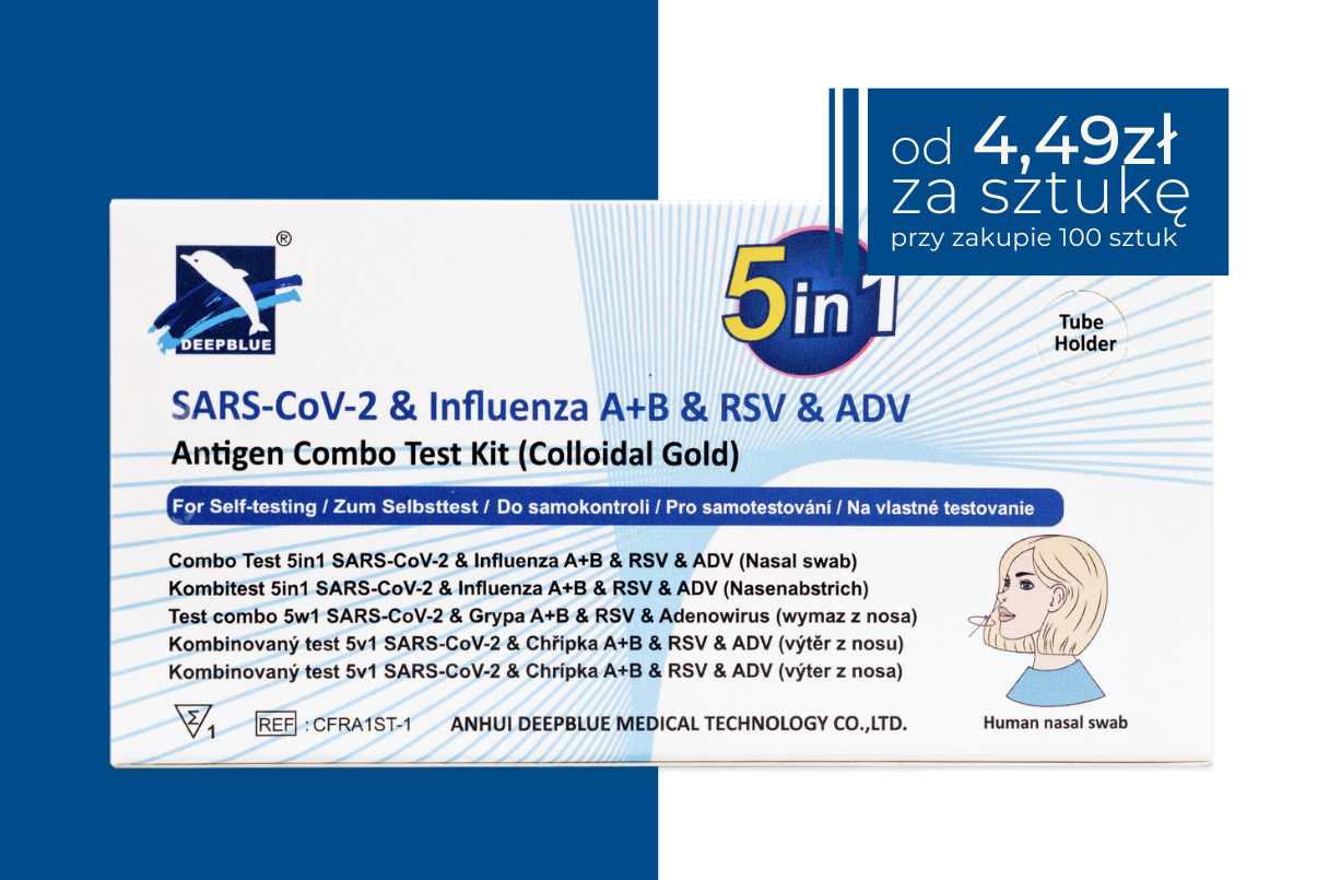 Opakowanie testu DEEPBLUE 5w1.  Na górze informacja o cenie: od 4,49 zł za sztukę przy zakupie 100 sztuk.