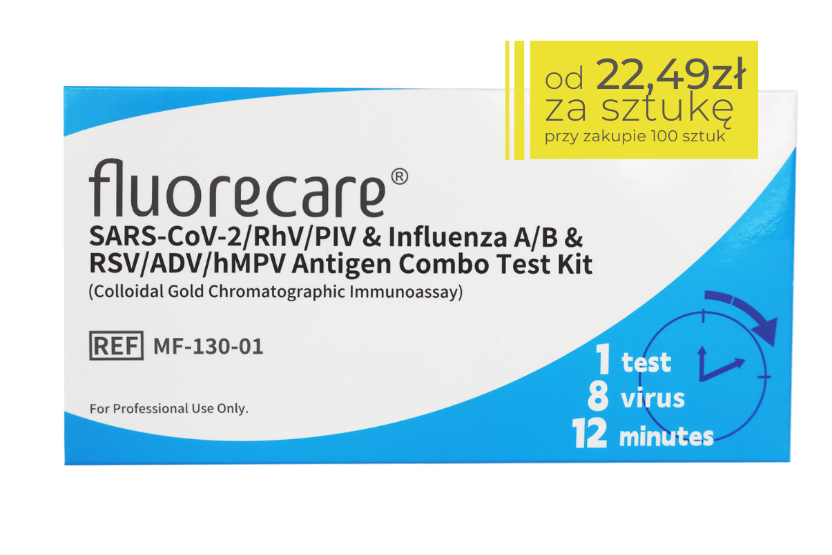 Opakowanie testu diagnostycznego Fluorecare – SARS-CoV-2/RhV/PIV & Influenza A/B & RSV/ADV/hMPV Antigen Combo Test Kit. Pudełko w kolorze białym z niebieskim półokręgiem po prawej stronie, oznaczeniem: 1 test, 8 wirusów, wynik w 12 minut. W prawym górnym rogu żółte pole z ceną: od 22,49 zł za sztukę przy zakupie 100 sztuk.