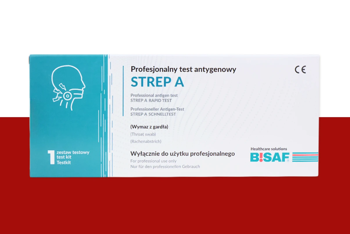 Opakowanie profesjonalnego testu antygenowego STREP A marki BISAF w kolorze biało-turkusowym. Po lewej stronie ikona głowy z oznaczeniem gardła. Na opakowaniu widoczny napis: Profesjonalny test antygenowy STREP A, 1 zestaw testowy.