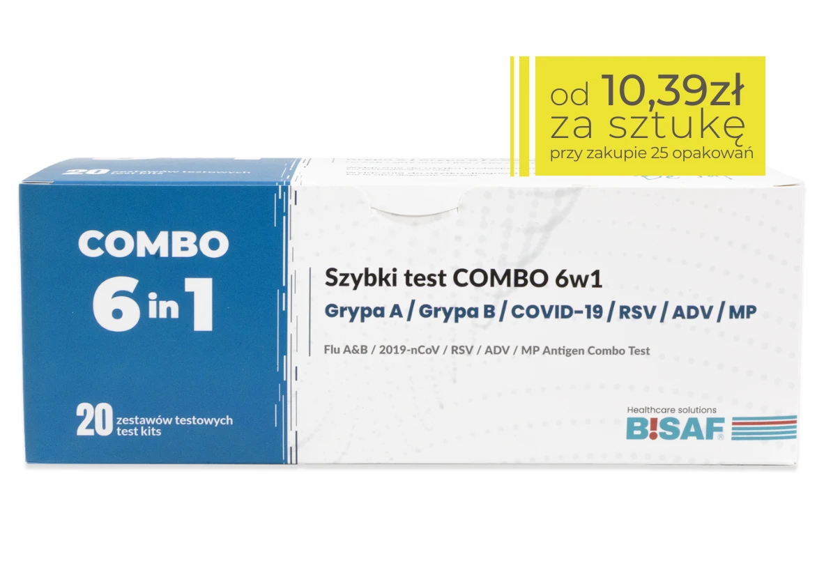 Opakowanie szybkich testów BISAF Combo 6w1. Pudełko zawiera 20 zestawów testowych. W prawym górnym rogu pole z informacją o cenie: od 10,39 zł za sztukę przy zakupie 25 opakowan.