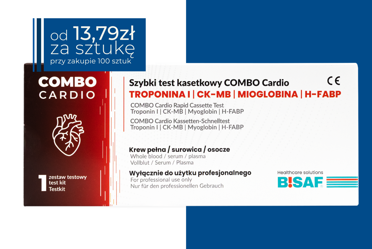 Opakowanie szybkiego testu kasetkowego All Test na obecność H-FABP, mioglobiny, CK-MB i troponiny I w białym pudełku z czerwonym panelem po lewej stronie. W prawym górnym rogu żółte pole z ceną 13,79 zł za sztukę przy zakupie 100 sztuk.
